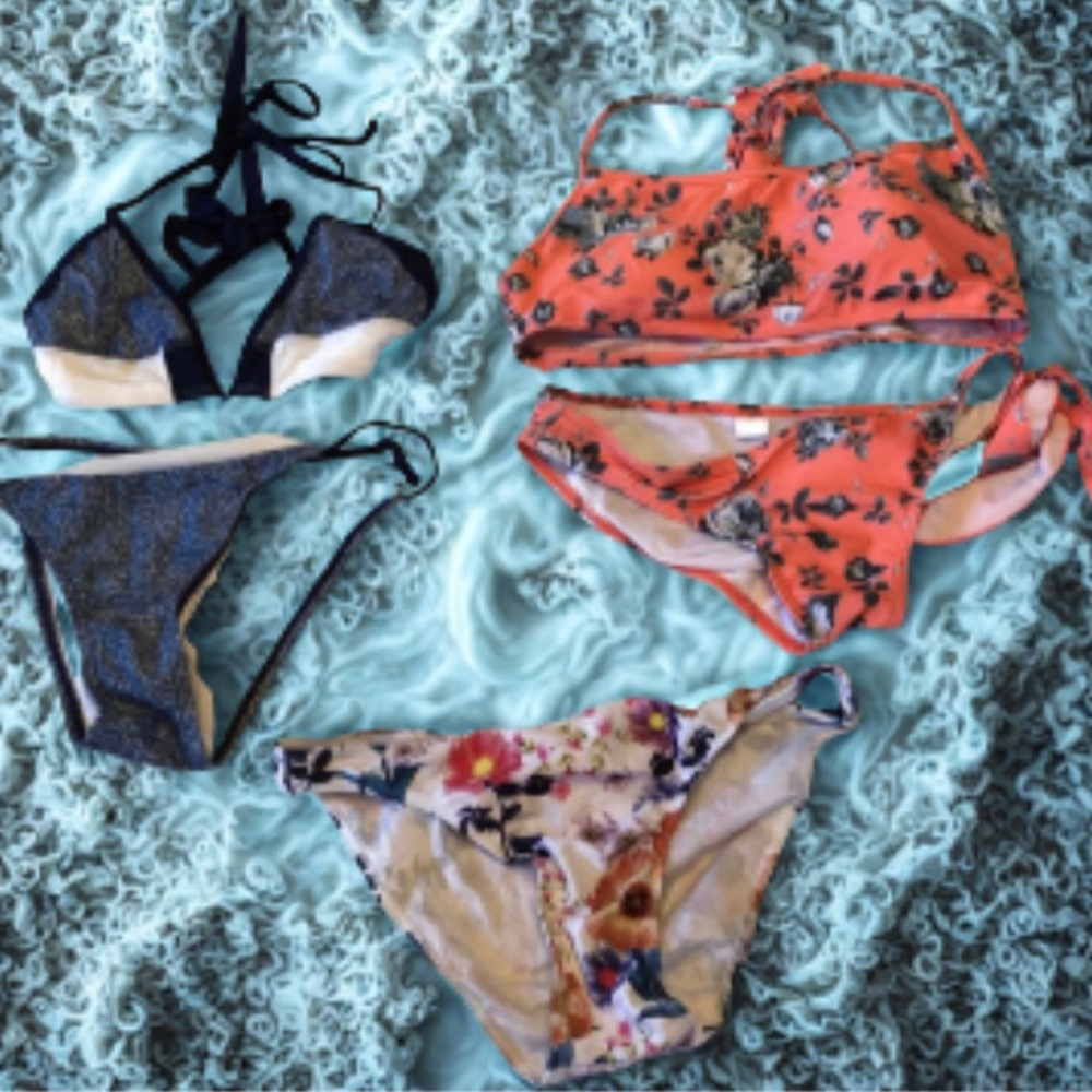 Mixed Floral & Navy& denim block Bikini Set Bundle. size large